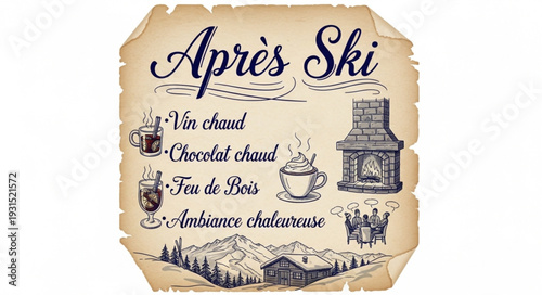 Apres Ski Vintage Sign with Hot Drinks and Fireplace Illustration.