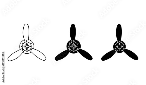Airplane engine blade symbol icon set with three blade propeller in outline silhouette and solid style isolated on transparent background