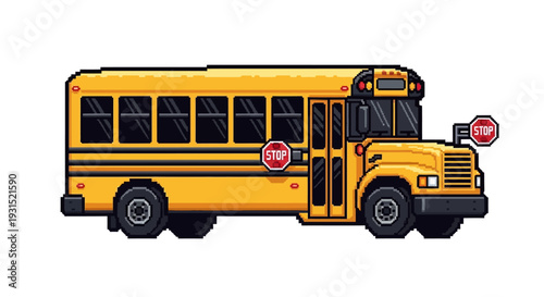 Yellow school bus stopped with open door and stop sign on a plain white background viewed from the right side