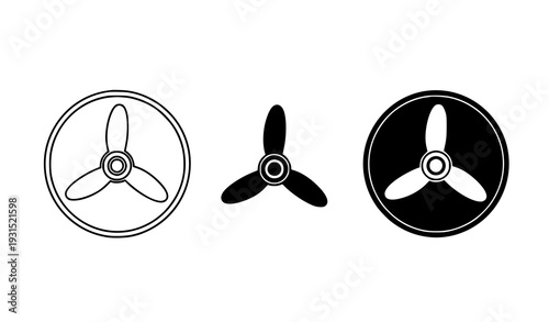 Three blade airplane propeller icon collection in outline silhouette and solid flat style for aviation and turbine concept isolated on transparent background