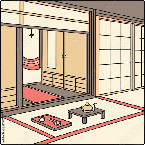 Japanese interior room minimalist flat vector illustration featuring tatami mats, shoji sliding doors, teapot on a table and various traditional cultural elements.