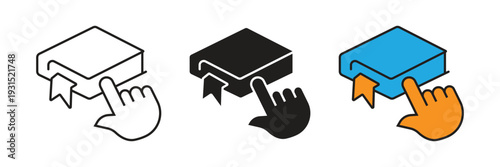 E-book with Hand Click Icon. Online education icon featuring a digital book with bookmark and hand clicking for interactive learning concept.