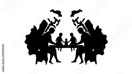 black and white optical illusion of a family with parents children and a baby forming abstract human faces in the negative space.