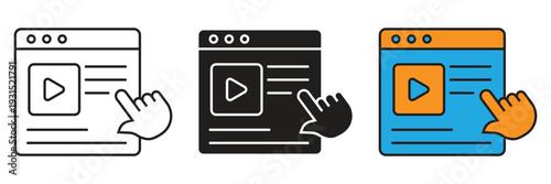 Web Video with Hand Click Icon. Website video player interface icon with play button and hand clicking for digital media streaming content.