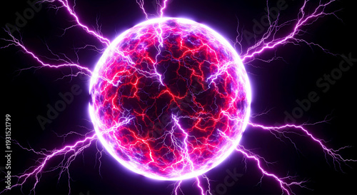 Electrifying sphere surrounded by glowing purple lightning on a dark background from a close-up viewpoint capturing energy and power visually