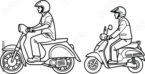 Scooter riders on mopeds wearing safety helmets in a clean line art illustration style for urban transportation and modern commuting graphic design projects.