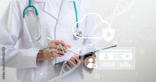 Doctor using digital tablet with healthcare data interface, cloud medical system, DNA analysis and patient record management, modern technology for clinical research and data security