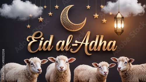 Four young sheep stand beneath a golden crescent moon for Eid al-Adha.