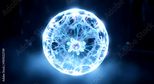 A glowing blue orb with intricate network patterns centered against a dark, mysterious background viewed from a frontal perspective at close range