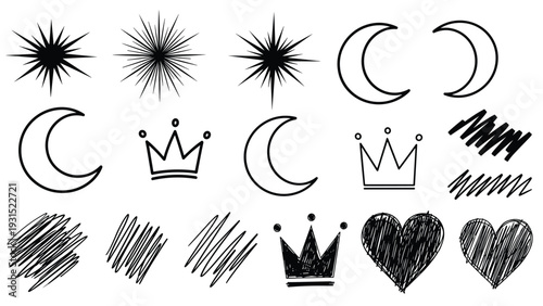 Collection of hand drawn celestial and royal doodles featuring stars moon crowns hearts and scribbles in black ink on white.