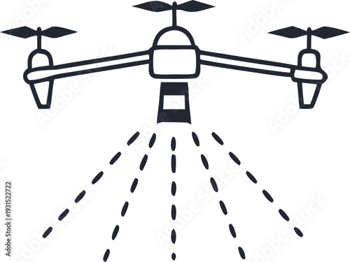 Agricultural drone spraying crops represented in a minimalist hand-drawn vector illustration style for smart farming technology and modern organic agriculture industry concepts.