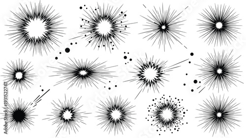 Collection of dynamic hand drawn sunburst and explosion shapes with radiating lines and dots in black ink on white.