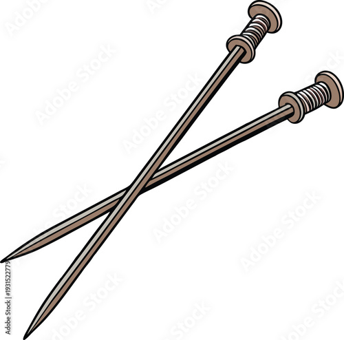Knitting needles illustration featuring two crossed metal tools for yarn work and sewing craft projects isolated on white background for hobbyist design