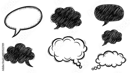 Set of various sketchy hand drawn speech bubbles and thought clouds in black ink with crosshatch shading on white.