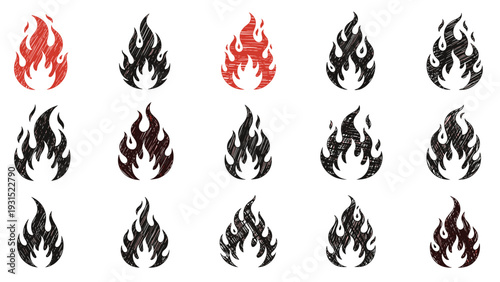 Large collection of stylized fire and flame icons in black and red with a textured crosshatch effect on white background.