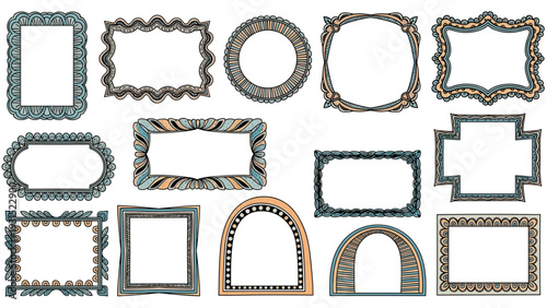 Collection of ornate and vintage style decorative frames and borders in muted teal and peach colors on white background.