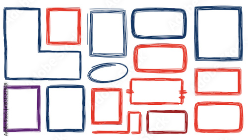 Collection of various rectangular and square frames and boxes with a grungy hand drawn ink line effect in red and blue.