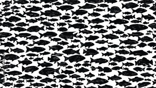Dense seamless pattern of black fish silhouettes swimming in the same direction on a clean white background design.
