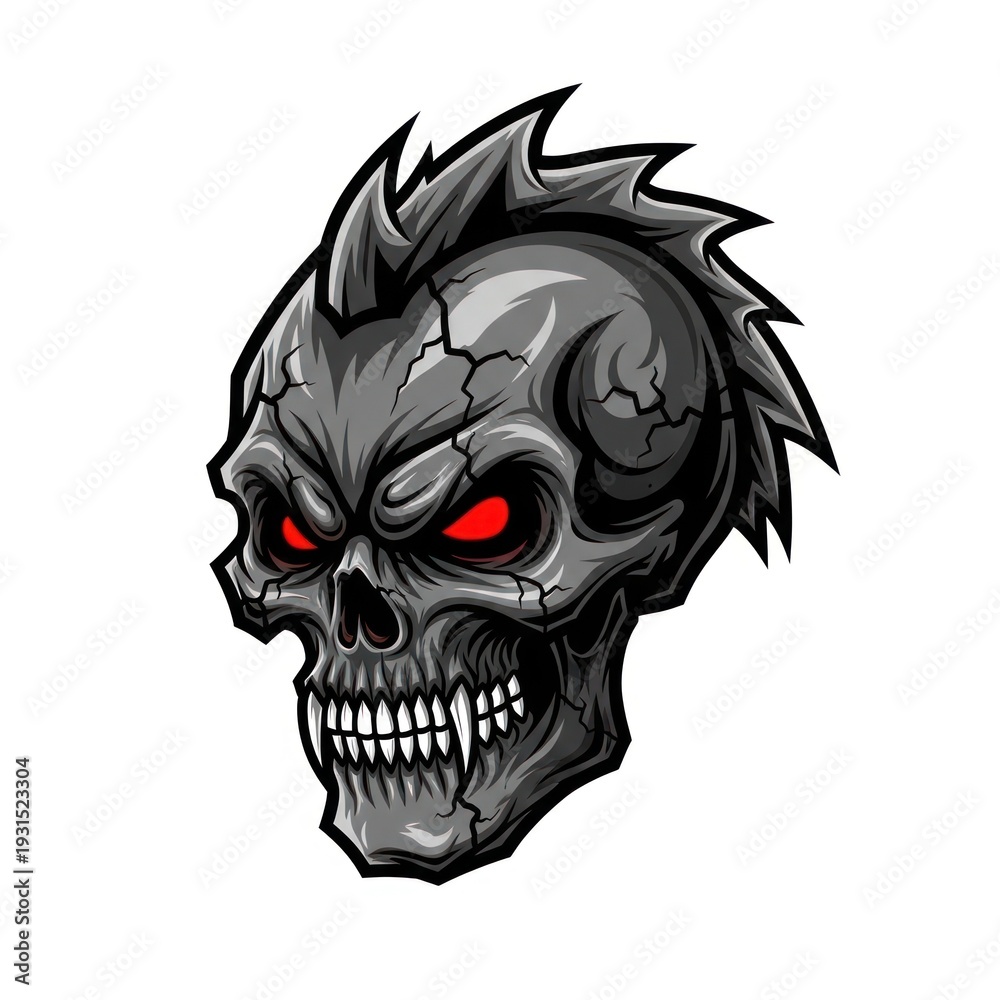 Obraz premium Gray skull with red eyes, jagged mohawk, and menacing expression on a white background