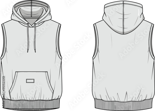 Technical fashion flat sketch of a sleeveless hooded sweatshirt vest with kangaroo pocket and ribbed hem for apparel design.