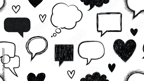 Sketchy seamless pattern of hand drawn speech bubbles and hearts on a white background captures a playful and communicative design theme.