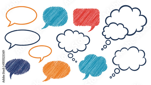 Colorful hand drawn speech and thought bubbles in various shapes and textures provide a playful set of communication icons for designers.