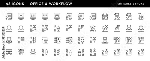 Office and workflow icon collection. Workplace, work group, team, office equipment, time management, teamwork, cooperation and more. Editable stroke. Pixel Perfect. Grid base 32 x 32.