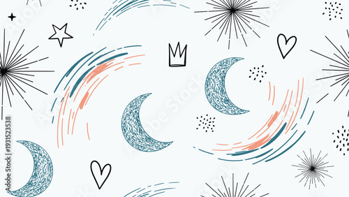 Seamless pattern of hand drawn moons stars and abstract lines in a whimsical celestial style creates a magical background for design.