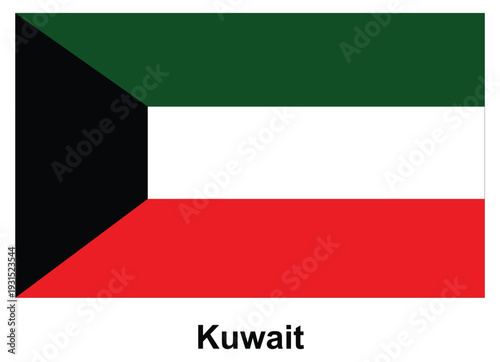 Flag of Kuwait with Horizontal Stripes in Green, White, Red, and Black Colors