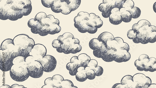 Seamless pattern of hand drawn clouds with detailed cross hatching in a classic vintage illustration style for sky themed backgrounds.