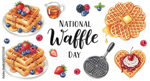 National Waffle Day Watercolor Set with Berries Banner