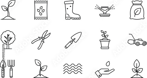 Gardening and landscaping line icon set featuring essential tools plants seeds watering equipment and lawn care symbols for agriculture horticulture and outdoor garden maintenance
