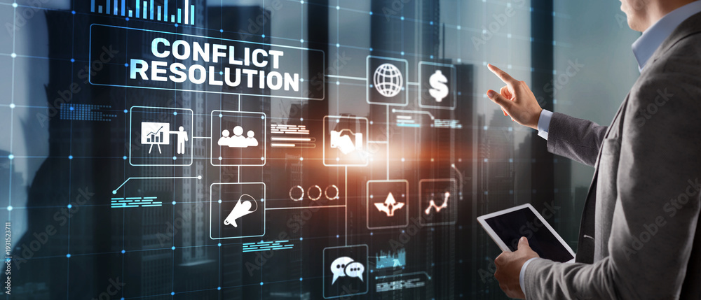 Fototapeta premium Professional Conflict Resolution Interface with Negotiation Strategy and Agreement Symbols