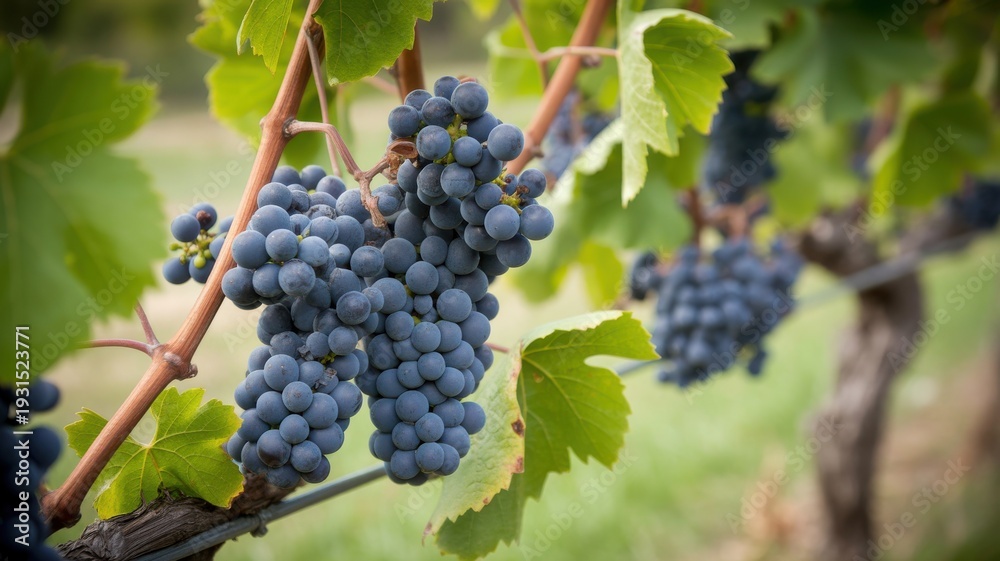 Fototapeta premium Ripe blue grapes hanging on a vine in a vineyard, close-up view
