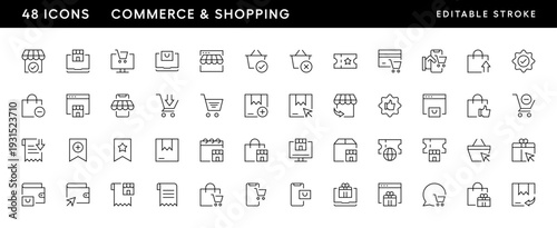 Commerce and shopping icon collection. Purchase, retail, discount, cart, box delivery, shopping bag and more. Editable stroke. Pixel Perfect. Grid base 32 x 32.