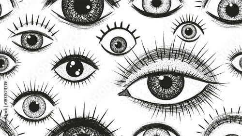 Intricate black and white seamless pattern of realistic hand-drawn eyes with long eyelashes and detailed pupils.