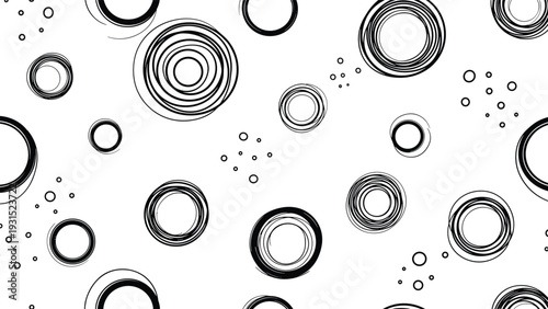 Modern seamless pattern featuring black hand-drawn concentric circles of various sizes on a clean white background.