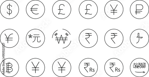 Global currency and financial symbols icons set, dollar, euro, pound, yen, rupee, bitcoin, international money exchange, banking, economy, vector illustration