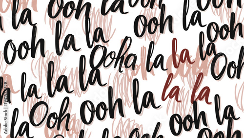 Elegant typographic pattern with the words ooh la la written in graceful black and pink cursive script on a white background.