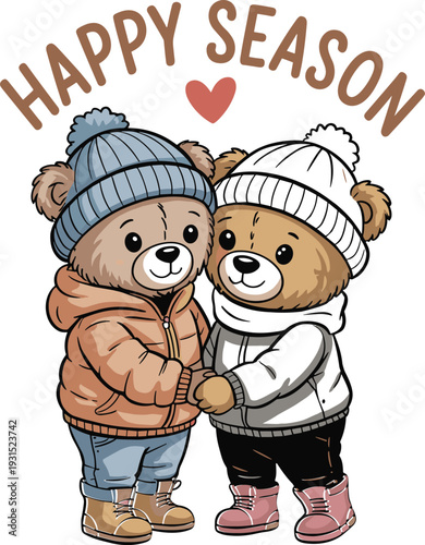 : Cute teddy bear couple in winter coats and beanies with "Happy Season" text for holiday cards and children's apparel.