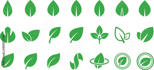 Green leaf eco icons set, natural plant symbols, organic environment, sustainability concept, renewable energy, ecology logo collection, minimal vector illustration