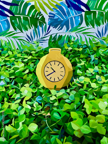 Yellow rubber watch worn around tennis ball set in artificial weed against palm leaf background; vector illustration for speed sports, time to exercise outdoors, open air fitness, nature relax design