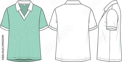 Technical fashion flat sketch of a women's V-neck polo t-shirt with short sleeves and collar for apparel design tech packs.