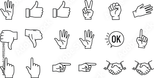 Hand gestures and nonverbal communication icon set featuring thumbs up, thumbs down, handshake, pointing finger, victory sign, fist, and okay symbol for interaction.