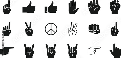 Hand gesture silhouette icon set, thumbs up, peace sign, pointing finger, fist, open palm, like and agree 