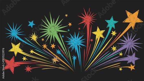 Vibrant explosion of colorful fireworks and starbursts shooting upwards against a solid black night sky background.
