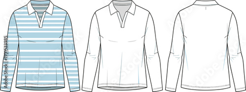 Fashion flat technical drawing of a long sleeve v-neck polo shirt including striped pattern and solid white design templates.