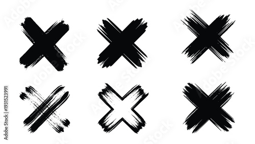 Bold black hand-painted brushstroke X symbols or crosses on a white background for minimalist graphic design and marks.