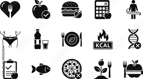 Healthy diet and nutrition icons set, weight loss, calorie control, fitness food, organic meal, balanced lifestyle, wellness planning, medical nutrition, vector illustration