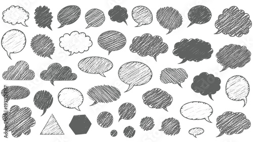 Diverse collection of hand drawn sketchy speech bubbles and thought clouds in various shapes for comic book and communication design elements.